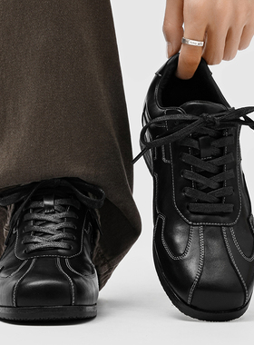 德训鞋男增高5CM真皮方头极简拳击鞋黑色经典厚底复古通勤阿甘鞋