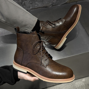 马丁靴男真皮英伦风复古木根中帮工装靴棕色拉链增高短靴高帮皮鞋