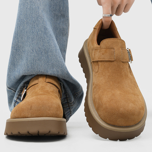 老钱风复古勃肯鞋男真皮厚底一脚蹬大头乐福鞋增高全包通勤穆勒鞋