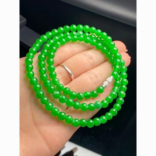 缅甸纯天然翡翠老坑冰糯种满色满阳辣绿阳绿锁骨链圆珠子玉石项链