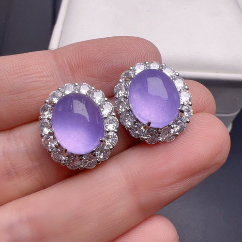 天然缅甸翡翠A货冰种紫罗兰蛋面耳钉女款玉石耳饰耳环耳坠耳饰