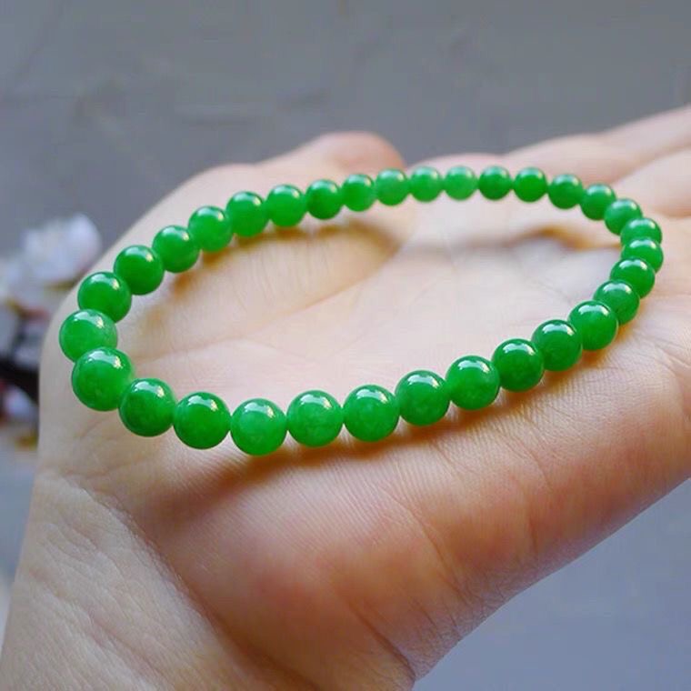天然翡翠手串冰种满绿圆珠手链女款玉石手饰送女友礼物简约素圈