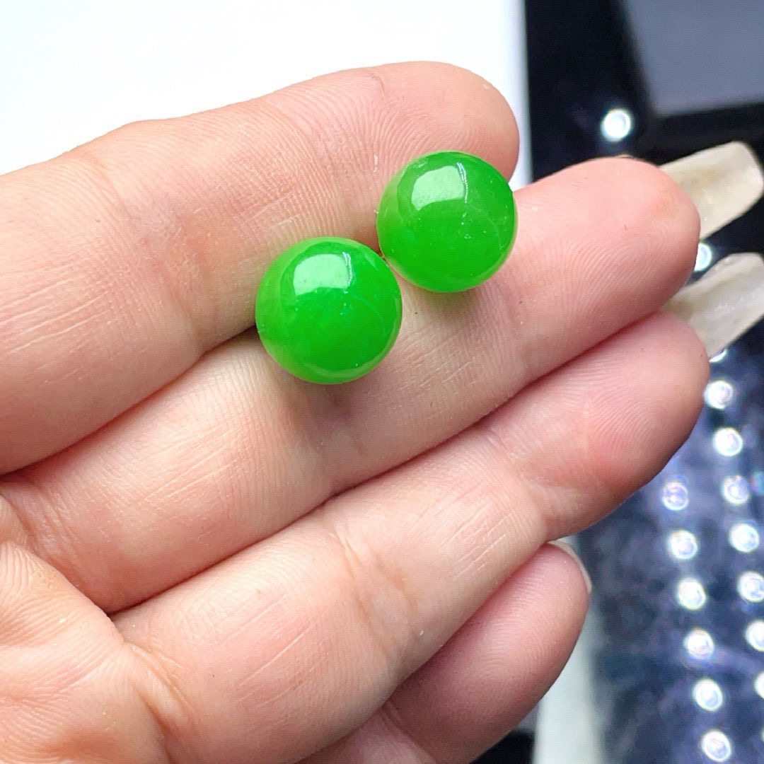 天然翡翠耳钉高冰缅甸圆珠耳饰耳饰耳坠帝王绿耳环转运珠10银镶嵌