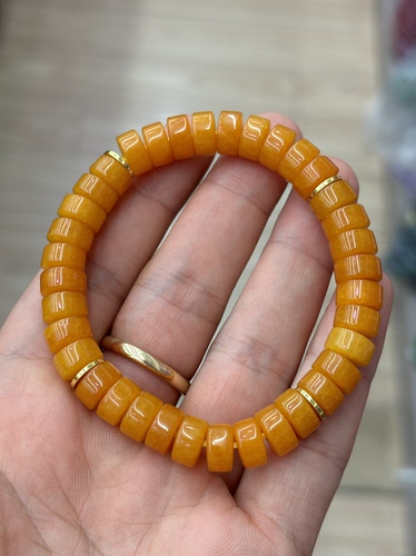 天然缅甸a货翡翠黄翡翠单圈手串直切药片文玩玉石珠子14k金隔片