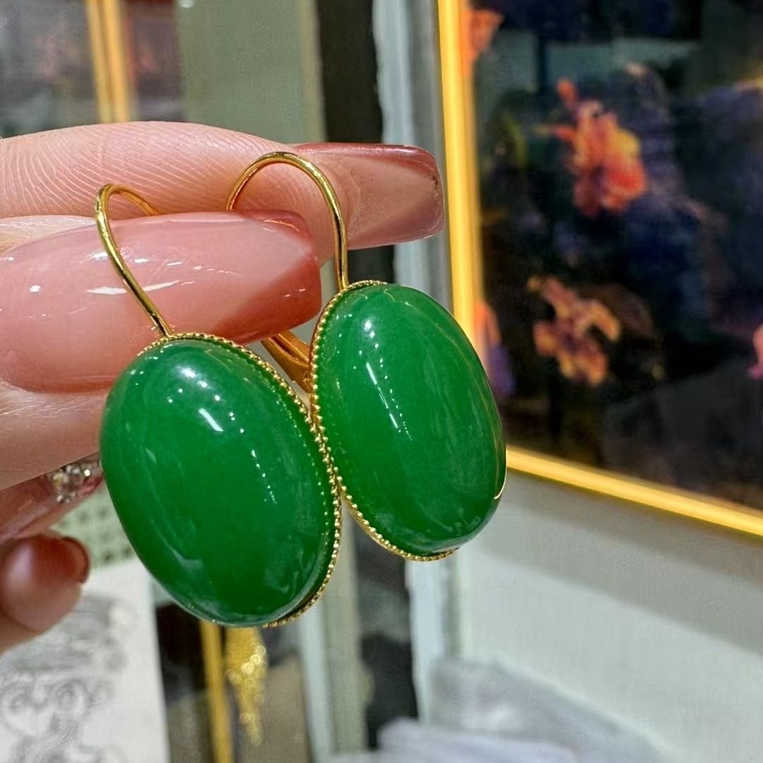 冰阳绿翡翠蛋面耳坠18k金镶嵌天然缅甸A货翡翠饱满大气起光耳环