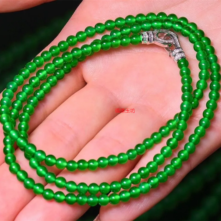 带证书精品翡翠冰种满绿新中式阳绿4m小米珠圆珠珠链串珠可做手串
