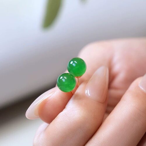 正品缅甸a货天然翡翠耳钉冰种18k金阳绿满绿翡翠蛋面耳钉耳环耳坠