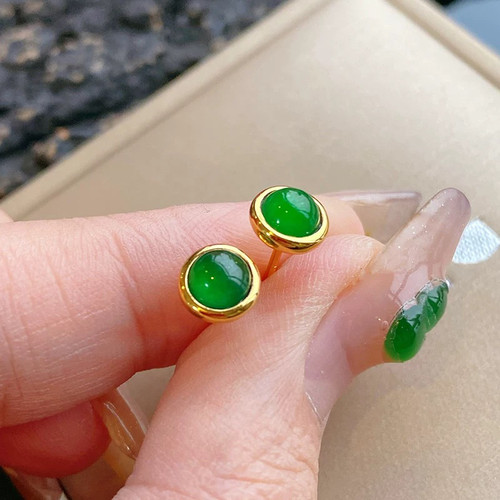 18k黄金天然缅甸翡翠耳钉高冰种阳绿经典简约百搭气质小耳钉耳饰