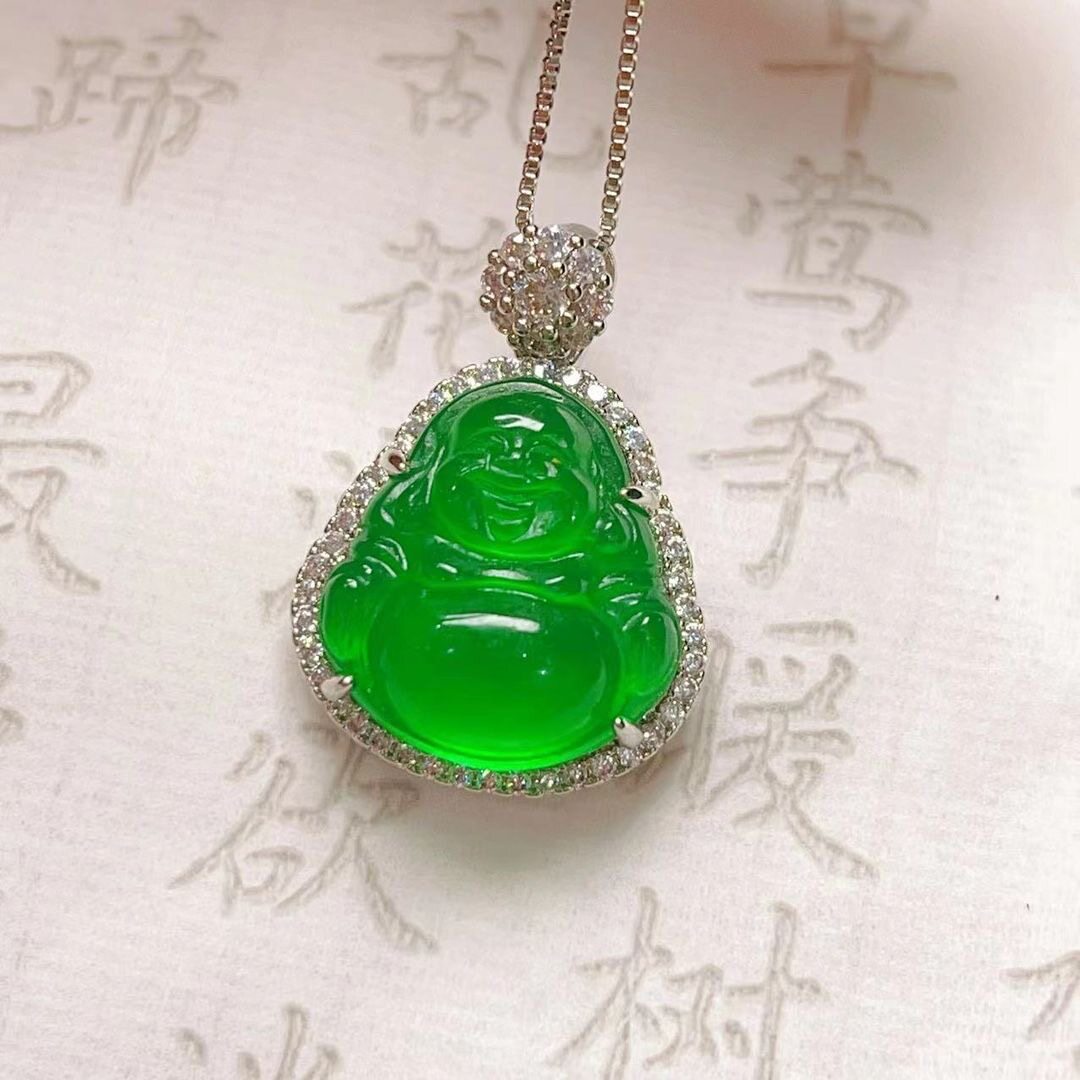 正品天然A货翡翠冰种满绿阳绿佛公吊坠女玉石项链挂件送女友礼物