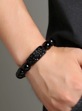 天然正品黑曜石貔貅手链男女2023新款潮转运珠手串情侣款生日礼物