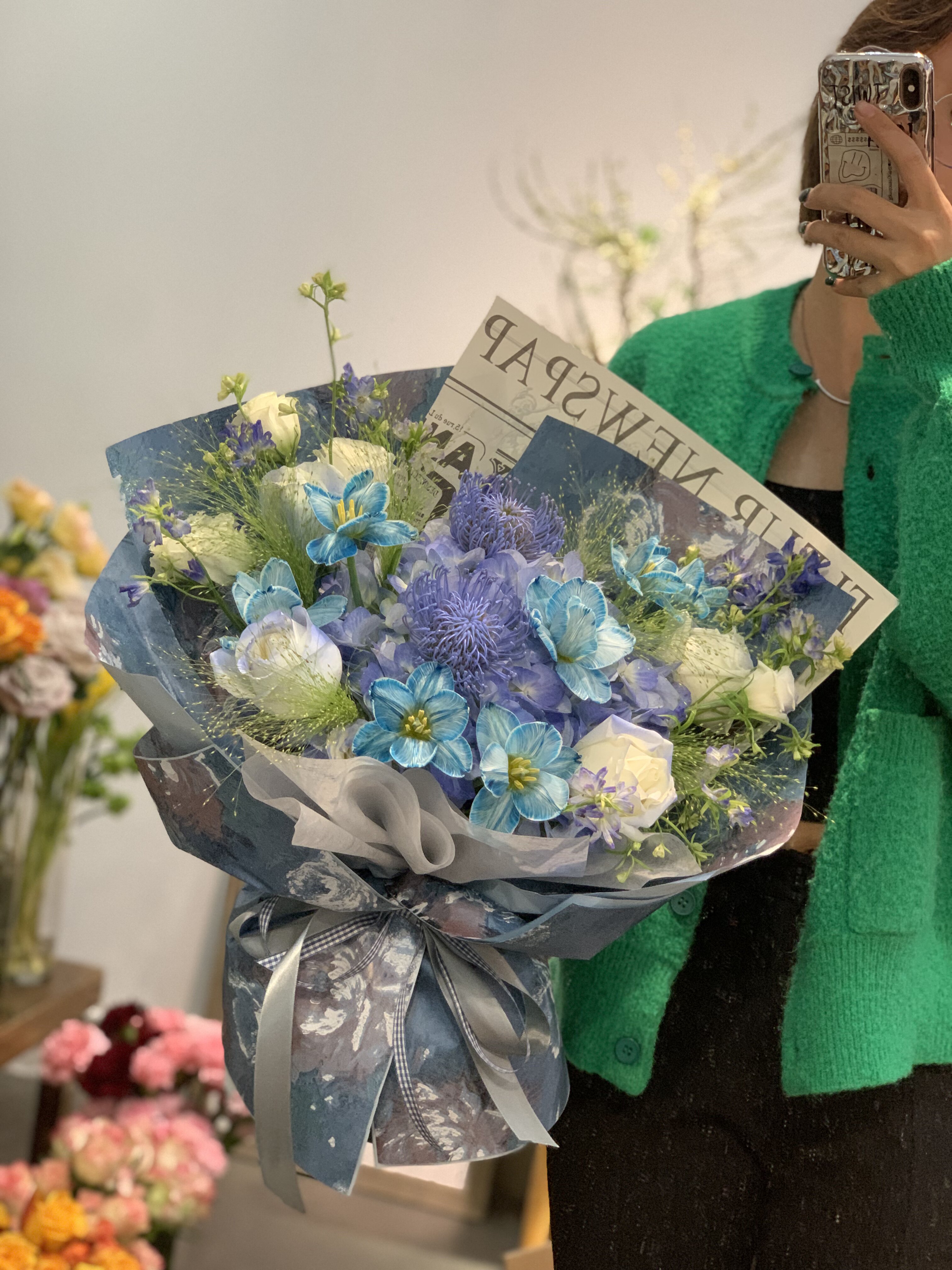 深圳广州蓝色优雅郁金香针垫花束小众纪念日生日进口花极光玫瑰