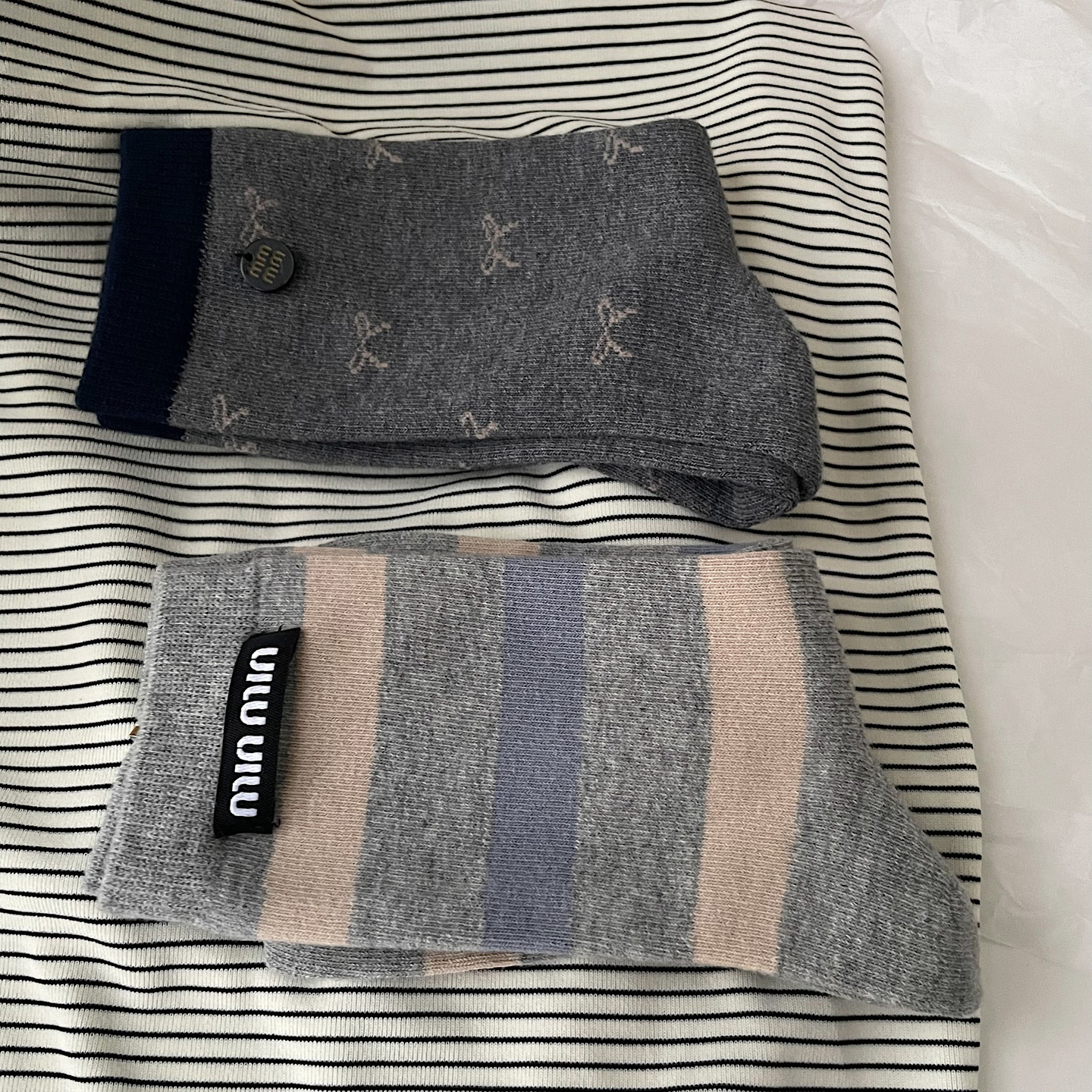 复古学院风miu系少女条纹蝴蝶结秋冬无骨袜头中筒袜子女堆堆袜