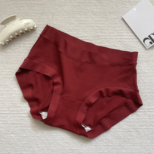 女 酒红色螺纹棉感弹力中腰内裤 安可拉红 一眼爱上简约耐看基础款