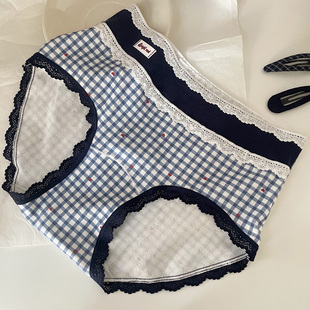 英伦复古学院风撞色格子拼接蕾丝边中腰包臀舒适纯棉内裤 女三角裤