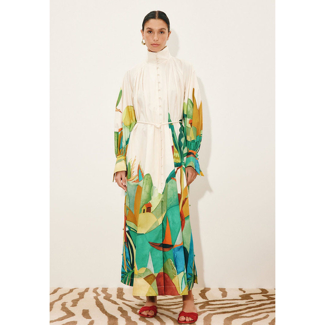 澳洲小众气质复古宫廷风白色印花有机棉长袖连衣裙气质收腰衬衫裙