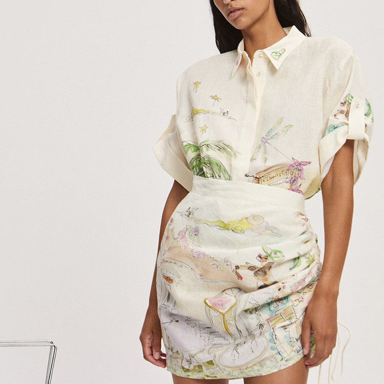 澳洲小众夏季新款白色印花休闲宽松亚麻短袖衬衫+高腰半身裙套装