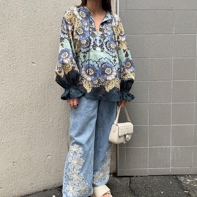 澳洲小众设计波西米亚民族度假风花朵印花宽松休闲苎麻衬衫上衣女