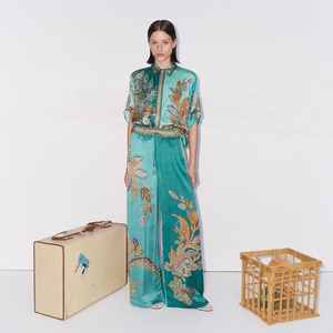 澳洲ALEM*IS2025新款缎面真丝印花宽松休闲短袖衬衫+高腰裤阔腿裤