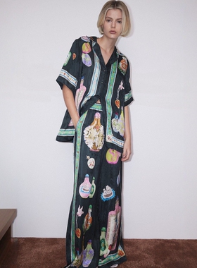 澳洲ALEM*IS2024新款人丝印花宽松休闲短袖衬衫+高腰裤阔腿裤套装