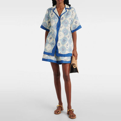 澳洲小众度假风蓝色印花宽松休闲短袖亚麻衬衫+高腰松紧短裤套装