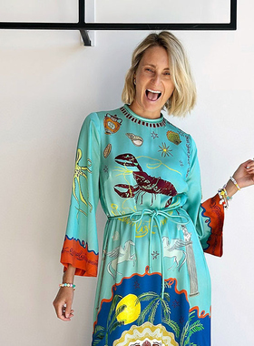 澳洲小众25春夏新款海洋印花缎面真丝气质百搭宽松系带连衣裙长裙