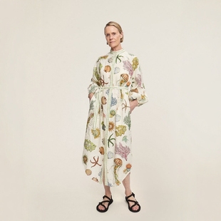 连衣裙气质收腰衬衫 裙 亚麻海洋印花长袖 澳洲小众度假风宫廷泡泡袖