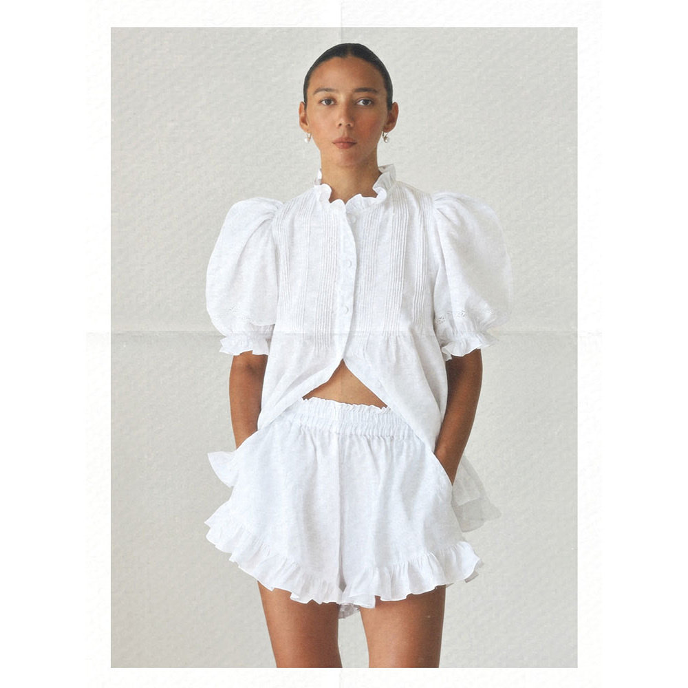 澳洲小众白色宫廷风亚麻泡泡袖荷叶边宽松减龄短袖衬衫+高腰短裤