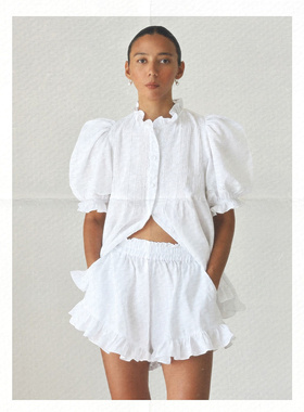 澳洲小众白色宫廷风亚麻泡泡袖荷叶边宽松减龄短袖衬衫+高腰短裤