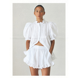 澳洲小众白色宫廷风亚麻泡泡袖荷叶边宽松减龄短袖衬衫+高腰短裤