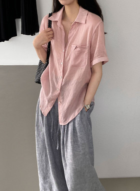 法式苎麻折角口袋短袖衬衫女夏宽松休闲气质通勤上衣