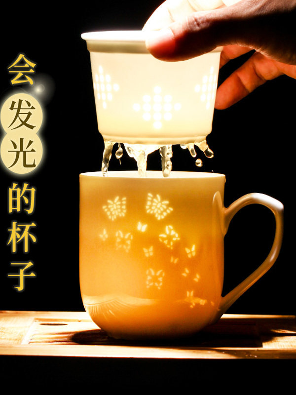 景德镇陶瓷茶杯过滤杯玲珑办公杯双层同心杯茶水分离过滤茶杯带盖