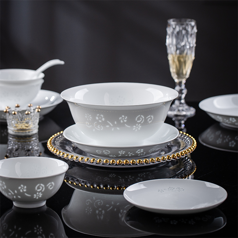 景辰高温白瓷玲珑碗碟盘子釉下彩