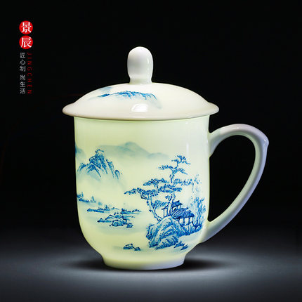 景德镇手绘釉下青花办公茶杯陶瓷带盖会议室水杯骨瓷杯子LOGO定制