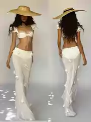 A Very Stylish Outfit Set~Huelleyrose White Top and Skirt Vacation Set Jennie