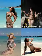 Thai Vacation Outfit~ Knitted Striped Bikini Tube Top, Sexy Hot Girl Tie-Up Swimsuit and Swim Trunks Set