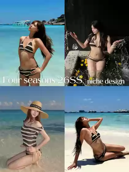 Thai Vacation Outfit~ Knitted Striped Bikini Tube Top, Sexy Hot Girl Tie-Up Swimsuit and Swim Trunks Set