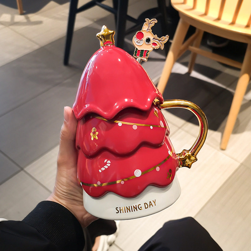 3d christmas tree mug ceramic cup with lid spoon gift coffee