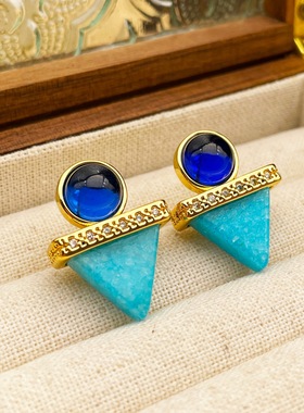原创小众设计蓝色系三角形天然石春夏高级感耳饰中古宫廷风耳环
