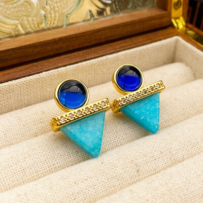 原创小众设计蓝色系三角形天然石春夏高级感耳饰中古宫廷风耳环