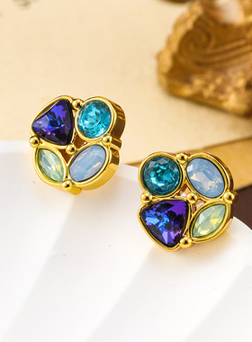 原创复古新款精致蓝色系宝石925银针耳钉高级感小众耳环耳饰批发