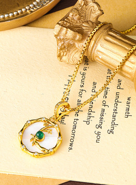 原创中国风竹节白贝母绿玛瑙项链女轻奢小众高级感简约气质锁骨