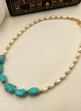 欧美复古小众设计感绿松石珍珠项链 天然淡水珍珠串珠项链女颈链