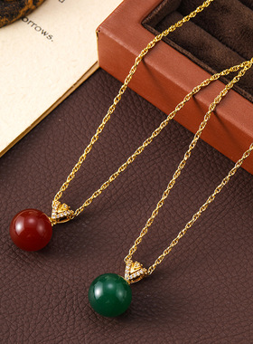 简约小众设计感红玛瑙绿玛瑙吊坠项链女百搭轻奢小众高级感锁骨