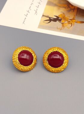 法式复古波尔多红圆形浮雕925银针耳环Vintage中古耳饰耳钉女