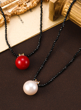 轻奢风时尚简约小米珠黑尖晶串珠项链珍珠饰品女高级感锁骨