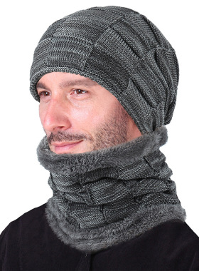Men Winter Knit Hat cap + scarf warm Shawl Neck Wrap sets