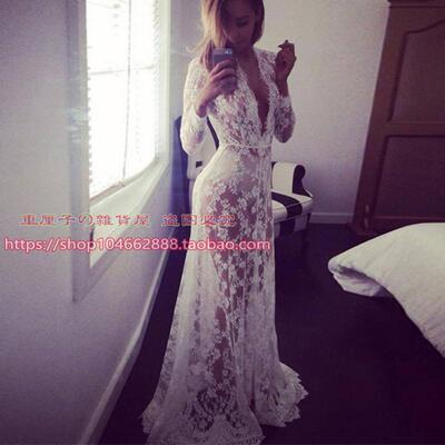 Sexy Women Lace Deep V-Neck Lingerie Sheer Long Night Dress