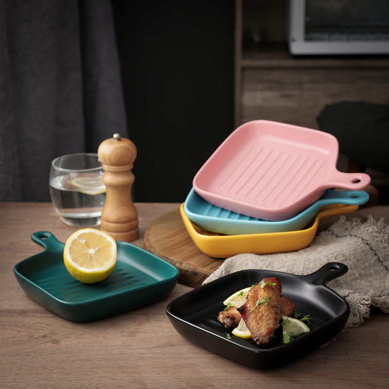 北欧创意烤盘陶瓷网红盘子家用菜盘牛排西餐意面餐盘带手柄的餐具