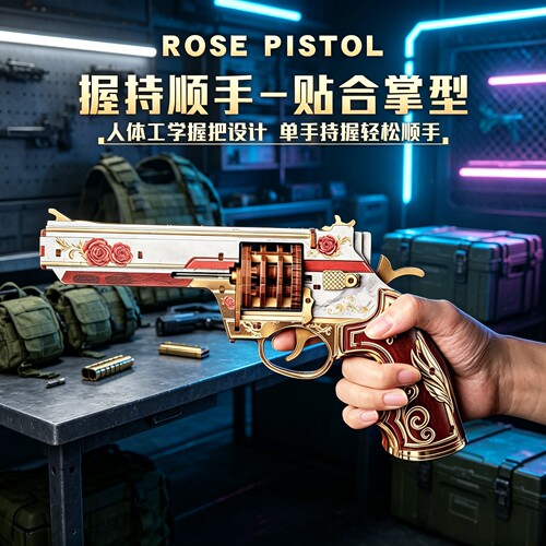 复古玫瑰木质拼装左轮玩具枪
