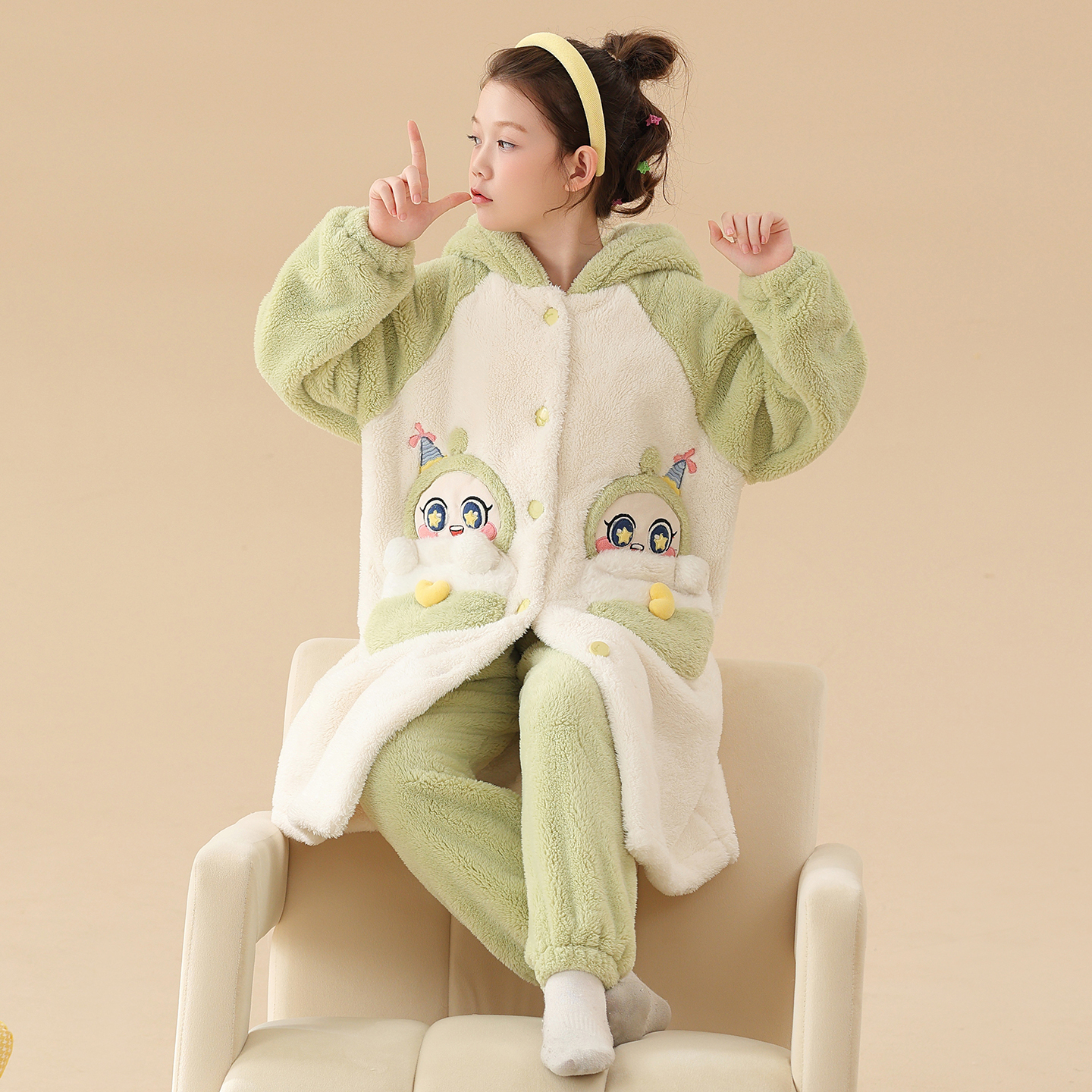 儿童睡衣女童秋冬季珊瑚绒睡袍长款加长款法兰绒中大童家居服套装